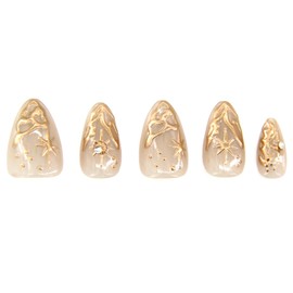 JONKASIPA 24 Pcs Gold French Tip Press on Nails Short Almond Fake Nails Nude False Nails With 3D Gold Irregularity Chrome Design Glossy Acrylic Nails Press on Nails for Women