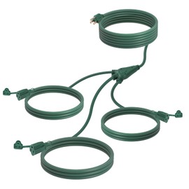 EP Outdoor Extension Cord 1 to 3 Splitter, Max 28ft End to End (40FT Total), 3 Prong Outlets Plugs, 16/3 SJTW Weatherproof Wire for Christmas Landscape String Lights, Green