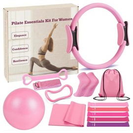 ASIEIT Pilates Kit, Pilates Ring Essentials Kit for Women with 9.8” Ball, Resistance Bands, Magic Circle, Fitness Accessories for Home Workout Pink