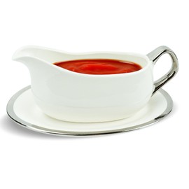 Cheardia 14 oz Gravy Boat with Tray, White Ceramic Sauce Boat with Silver Trim, Ergonomic Handle and Big Dripless Lip Spout for Salad Dressings, Creamer, Broth, Black Pepper