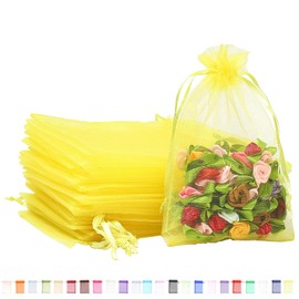 100pk Lemon Yellow Organza Gift Bags,9x12cm Small Organza Favor Bags,Wedding Jewelry Pouches with Drawstring,Mesh Candy Favour Bag Party Sweet Bags for Birthday,Wedding,Christmas,Gift Wrapping