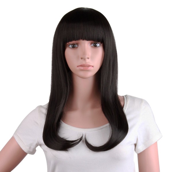 MapofBeauty 20 Inches/50cm Flat Bangs and Straight Hair Slightly Curled Wig(Black)