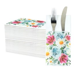 JEBBLAS 50Pcs Flower Design Linen Feel Napkins with Built-in Flatware Pocket, Pocket Napkins for Silverware, Disposable Napkins for Wedding, Dinner Party, Christmas, Baby shower
