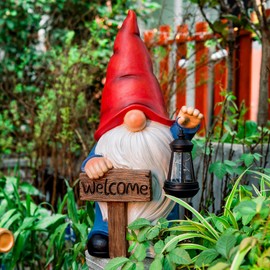WONDHOME 22" Solar Large Gnome Garden Statue Big Gnome with Welcome Sign Outdoor Decor with LED Lantern Home Porch Yard Patio Lawn Ornament Christmas Housewarming Gardening Gift