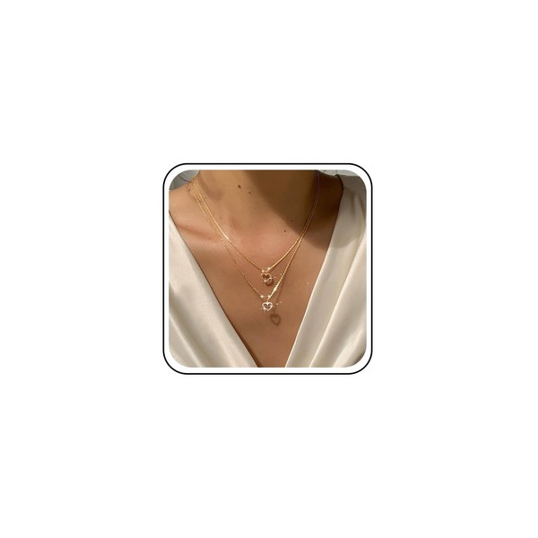 TseenYi Love Heart Layered Necklace Gold Hollow CZ Heart Necklace