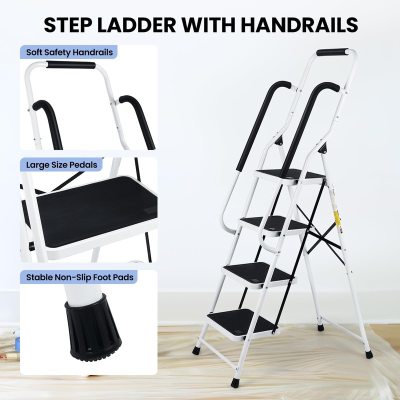 Step Ladder 4 Step Folding with Handrails, Folding Step Stool
