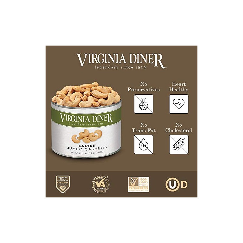 Virginia Diner Jumbo Salted Cashews - Non-GMO, Preservative Free Gourmet