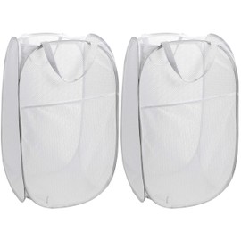 Cesto plegable de malla con apertura ancha y bolsillo lateral, transpirable, resistente, plegable y ahorra espacio para ropa de lavandería y almacenamiento. (Blanco | Paquete de 2)