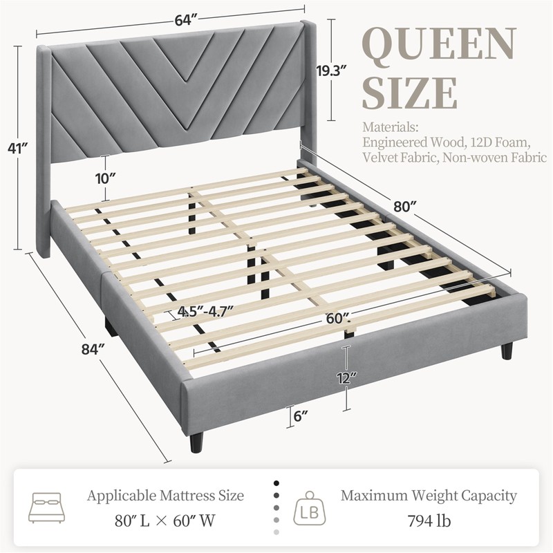 Yaheetech Queen Bed Frame Upholstered Platform Bed with Wing Side/Wooden