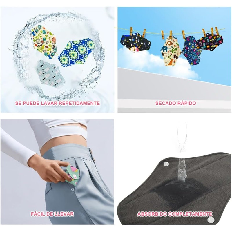 11 pcs Almohadillas Menstruales Reutilizables de Carbón de Bambú Toallas