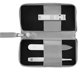 ZWILLING Manicure Pedicure Set 3-Piece Compact Nail Clippers Vegan Apple Leather Case Grey