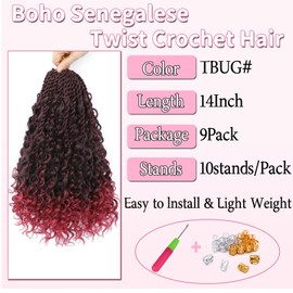 QIDESHENG 9 Packs Senegalese Twist Crochet Hair 14 Inch Pre-Looped Island Twist Boho Crochet Braids Hair Extensions with curls Synthetic Crochet Hair Extensions for Black Women（1B/Bug）