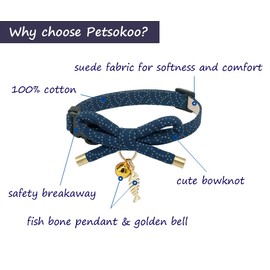 PetSoKoo Cute Bowtie Cat Collar with Bell. Japanese Stylish Bowknot & Fish Charm. Safety Breakaway, Soft, Lightweight, for Girl Boy Male Female Cats Kitten,Navy Blue