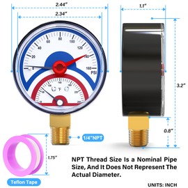 MEANLIN MEASURE 0-160Psi Thermal Pressure Gauge 0-250℉, Boiler Temperature Pressure Gauge 1/4" NPT 2.5" FACE DIAL with Reset Pointer, with Teflon Tape, Lower Mount