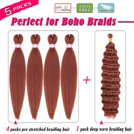 Dorsanee Ginger Braiding Hair for Boho Braids 20 Inch 4 Packs Pre Braiding Braiding Hair and 18 Inch 1 Pack Deep Wave Braiding Hair for Crochet Boho Braids Synthetic Hair Extensions (350#)