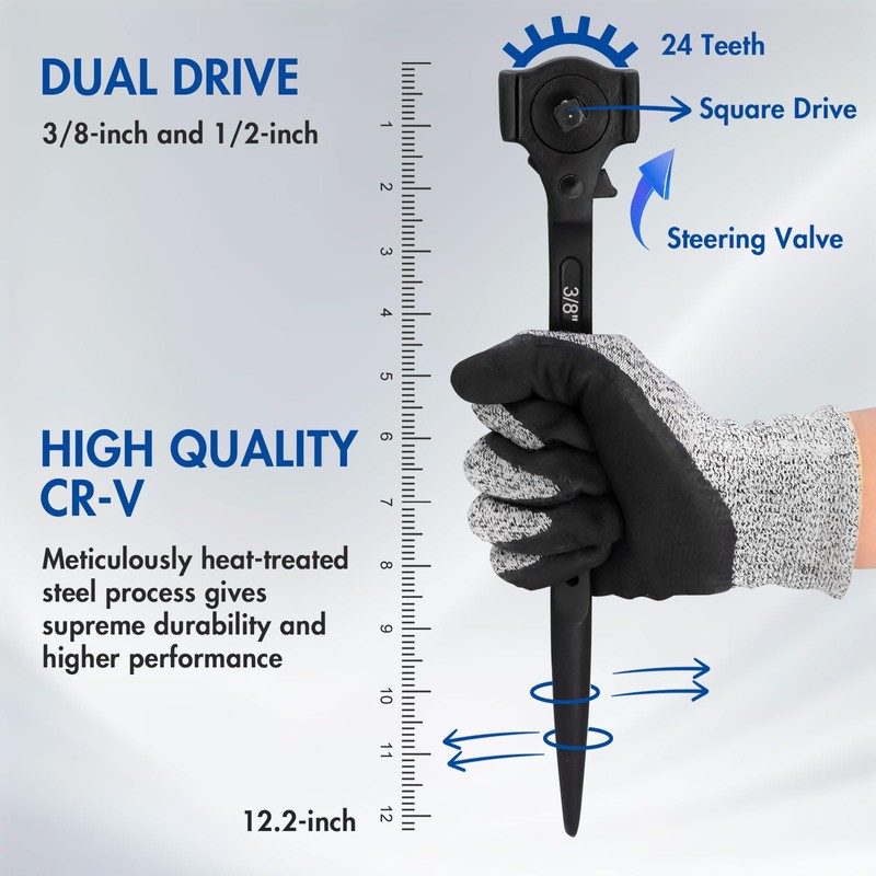 DAKCOS 3/8" x 1/2" Ratchet Spud Wrench with Hammer Head,