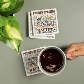 Pagosa Springs, Colorado, Typography (Absorbent Ceramic Coasters Set of 4 Matching Images, Cork Back, Kitchen Table Decor)