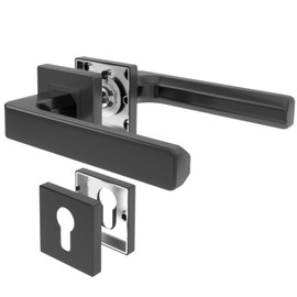 AwmnSrman Door Handles, Interior Doors, Black, Cube Door Fitting, Door Fitting, Room Door Set, PZ Profile Cylinder Set, 1 Set, Modern Stainless Steel, 2 Door Handles and 2 Long Plates