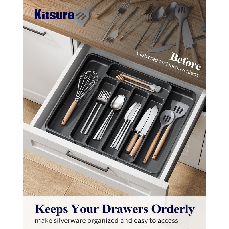 Kitsure Cutlery Drawer Organiser for Kitchen - Adjustable Cutlery Tray