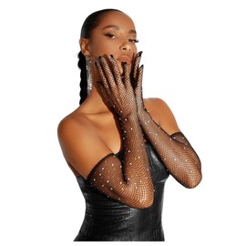 MakeMeChic Women's Y2K Fishnet Rhinestone Long Gloves Sheer Club Party Accessories Black One-Size