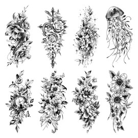 Acevegue Flowers Temporary Tattoos, Realistic Half Arm Fake Tattoo Sleeves for Women Adults, Black Semi Permanent Stick on Tattoos Stickers Transfer Paper for Makeup Accessories Decorations-10 Sheets