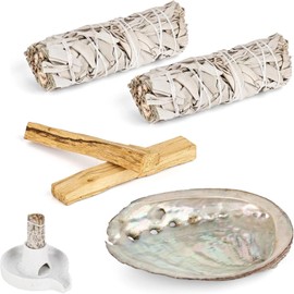 2 White Sage and 2 Palo Santo Premium California Abalone Shell 100% Controlled and Sustainable Harvest Smoking Kit Eliminates Negative Energies for Energetic Rituals