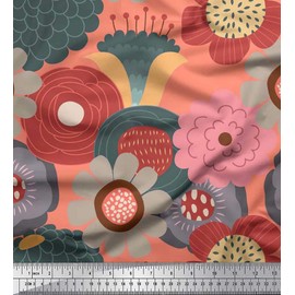 Soimoi Orange Poly Crepe Fabric Flower Artistic Print Fabric by Yard 52 Inch Wide