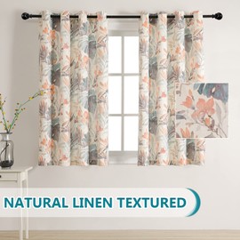 MYSKY HOME Floral Curtains 63 inches Long Printed Linen Style Curtains for Living Room Light Filtering Cotton Burlap Effect Drapes Flower Leaf Grommet Window Treatments 2 Panel Coral and Natural