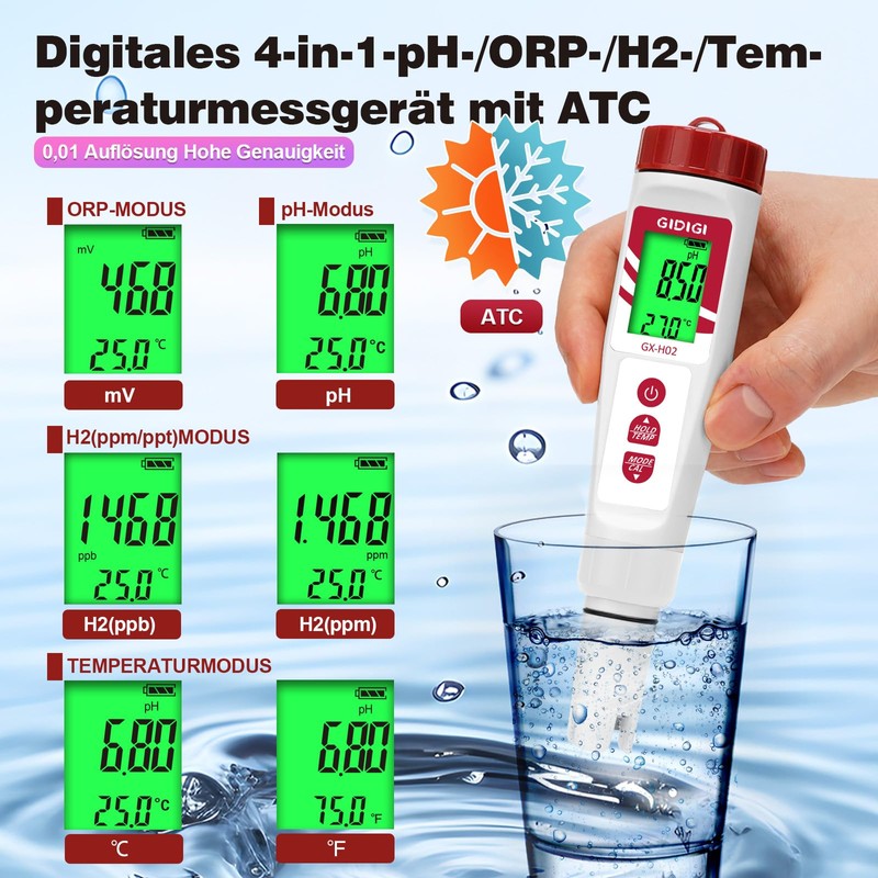 GIDIGI Wasserstoff Messgerät und pH Messgerät Wasser, Digitales pH/ORP/H2/Temperatur mit