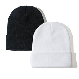 PFFY 2 Packs Unisex Beanie Hats for Men Women Knit Cuffed Plain Winter Beanies Skull Cap Black+White