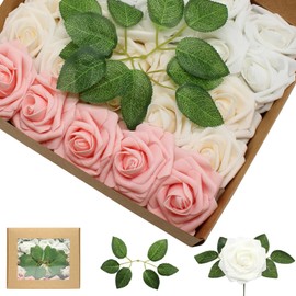 WANTMAZOR 100PCS Artificial Flowers Champagne/Pink/White Roses Real Looking Foam Fake Roses with Leaves and for DIY Wedding Bouquets Bridal Shower Centerpieces Party Decorations
