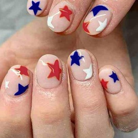 Independence Day Short Fake Nails Red Blue White Stars Press on Nails Round with Glue July 4th Theme Acrylic Nails Suitable for Women DIY Holiday Manicure Supplies - 24pcs