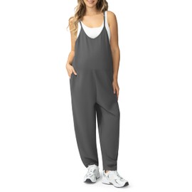 POSHDIVAH Women's Maternity Jumpsuit Pregnancy Casual Romper Onesie Spaghetti Strap Baggy Pants Overalls with Pockets, Steel Grey, Medium
