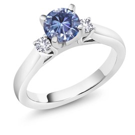 Gem Stone King 925 Sterling Silver Persian Blue Moissanite and White Created Sapphire 3-Stone Engagement Ring For Women (0.90 Cttw, Round 6MM, Gemstone Birthstone, Size 7)