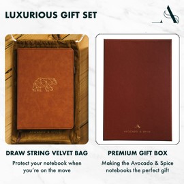 Avocado & Spice A5 Notebook Lined Travel Diary, Notepad, Journal, A5 Hardcover Daily Planner with Gift Box & Velvet Bag - with Bookmark, Elastic Band, Pen Holder, 200 Pages Brown