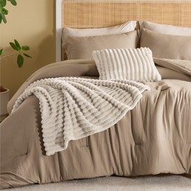 Bedsure Comforter King Size 5 Pieces - King Size Comforter Set with Fleece Throw Blanket and Decorative Pillow, Lightweiget Bedding Comforter Sets, All Season Bedding Sets, Khaki