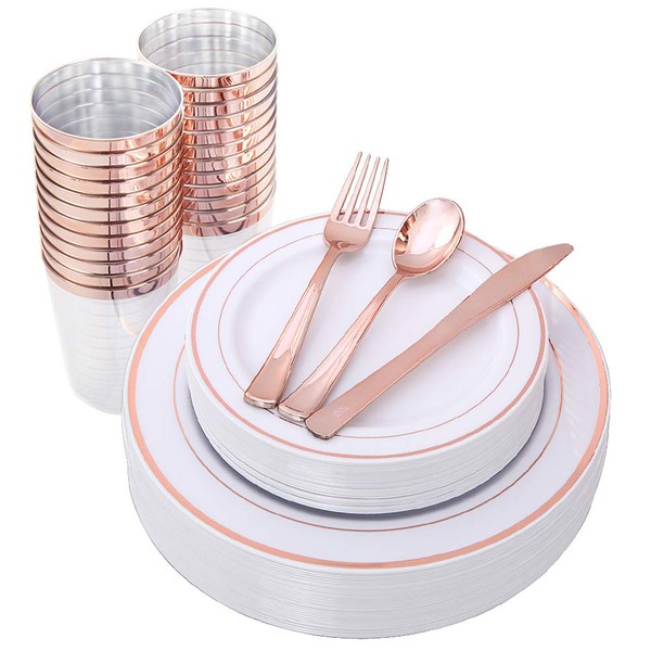 WELLIFE 150 Pcs Rose Gold Plastic Plates with Disposable Rose Gold Cutlery, Includes: 25 Dinner Plates 10.25", 25 Dessert Plates 7.5", 25 Cups 9OZ and 25 Rose Gold Silverware