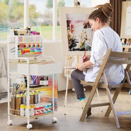 Homsorout Art cart, 3 Tier Rolling Cart - Utility Cart with Storage Drawer and Wheels, Versatile Art & Craft Organizer for Home, Office, or Studio Ideal for Storing Brushes, Paints （ White）
