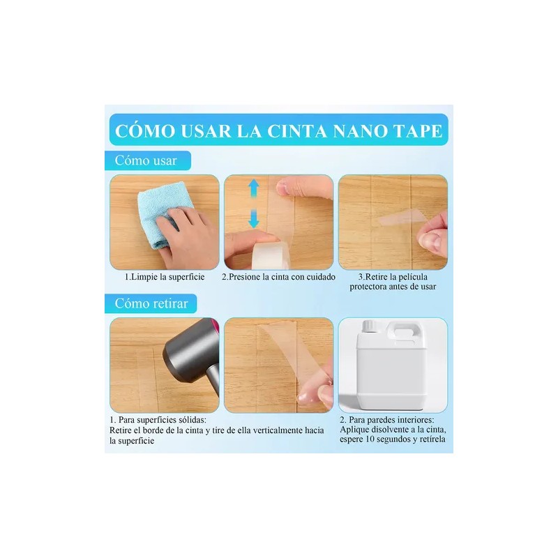 Cinta Nano Adhesiva De Doble Cara Lavable Reutilizable 20m