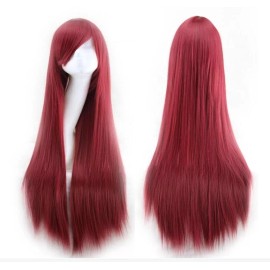 PreAsion 80cm Wine Red Universal Wig Straight Sleek Long Full Hair Wigs Side Bangs