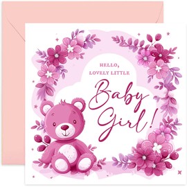 Old English Co. Baby Girl Congratulations Card - New Baby Card - Cute Sweet Design - Welcome Baby Card - Cute Pink Teddy Bear Baby Girl Gifts - New Baby Girl Greeting Cards | Blank Inside