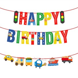 BIEUFBJI Transportation Happy Birthday Banner Birthday Party Decorations Car Bus Train Ship Helicopter Traffic Light Photo Props for Kids Transportation Theme Birthday Party Decorations