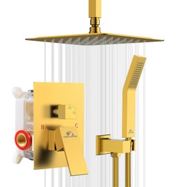SunCleanse Rainfall Shower Faucet Set Brushed Gold Shower Combo Set for Bathroom with High Pressure 10 inch Shower Head with Handheld Shower Valves Shower Head and Handheld Ceiling Mounted