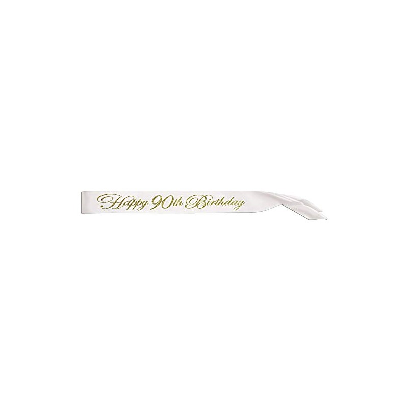 White "Happy 90th Birthday" Glittered Satin Sash - 1pc