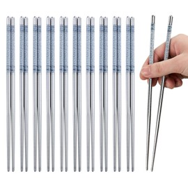 10 Pairs Stainless Steel Chopsticks Dishwasher Safe - 22.4cm/8.82inch Reusable Metal Non-slip Chopstick, Blue & White Pattern Chinese Style Chop Sticks