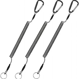 DELUXEFOX Spiral Cord (3-piece Set) Wired, Curling Cord, Fishing, Rustproof, Spiral Chain, Drop Prevention Cord, Carabiner and Key Ring Included - Black