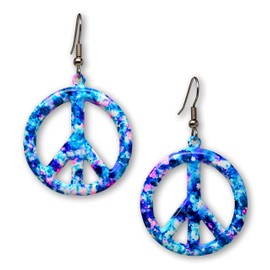 Purple Blue Pink on White Hippie Tie Dye Peace Sign Dangle Earrings (COLORS VARY WIDELY)