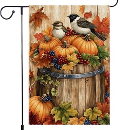 Fall Chickadee Garden Flag, Autumn Pumpkin Harvest Wooden Barrel Outdoor for Decor, Double Sided Burlap Maple Leaf Farmhouse Home Decor Yard Party Thanksgiving Decoration 12x18 Inch