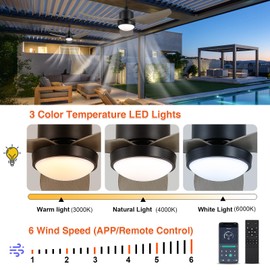 BZX Waterproof Outdoor Ceiling-Fan with Light - 42" Modern Ceiling Fans with 3 Colors LED Light, App & Remote Control, Quiet DC Motor, for Gazebo Patios