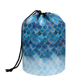 Poceacles Drawstring Makeup Bag Portable Cosmetic Case Travel Toiletry Bag Barrel Organizer Storage Pouch for Women, Mermaid Scale Blue Gradient, One Size